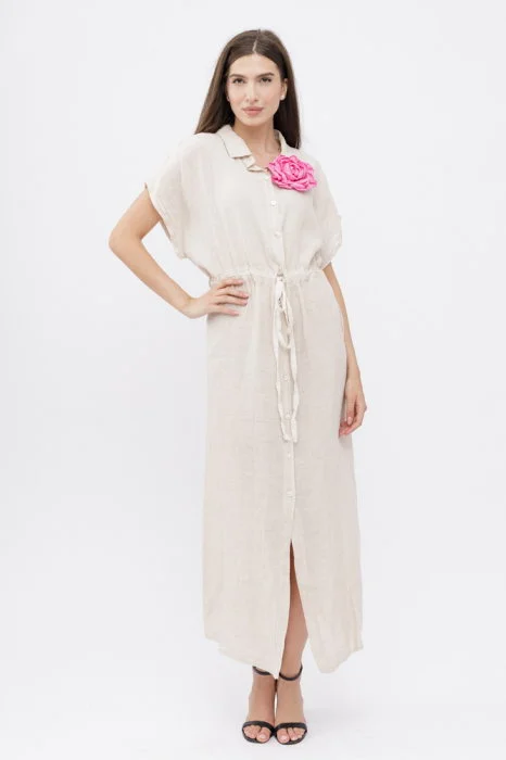 Rochie camasa, din in, cu snur in talie, bej