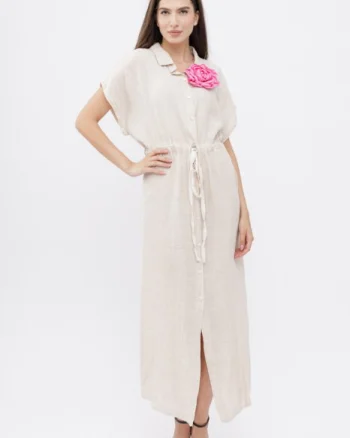 Rochie camasa, din in, cu snur in talie, bej
