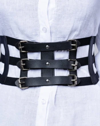 Centura corset lata din piele ecologica cu catarame argintii