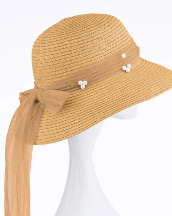 Palarie de paie impletita cu decoratiune funda cu perle fine, camel