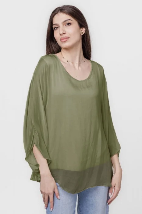 Bluza din matase si vascoza cu maneca evazata si dublura, kaki