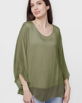 Bluza din matase si vascoza cu maneca evazata si dublura, kaki