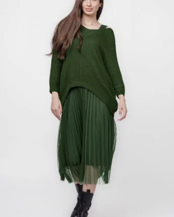 Rochie suprapusa cu puloveras cu maneca lunga si tulle plisat, kaki