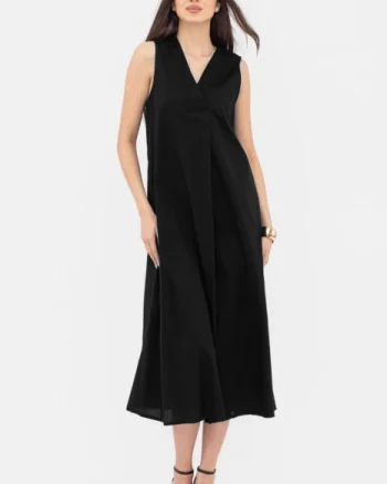 Rochie lunga A-line cu decolteu in V, din poplin de bumbac, neagra