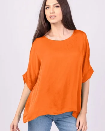 Bluza din matase si vascoza portocalie, cu funda pe spate