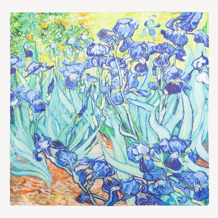 Esarfa patrata cu o fata imprimata cu reproducerea dupa pictura   Irisi   a lui Van Gogh, din matase si vascoza