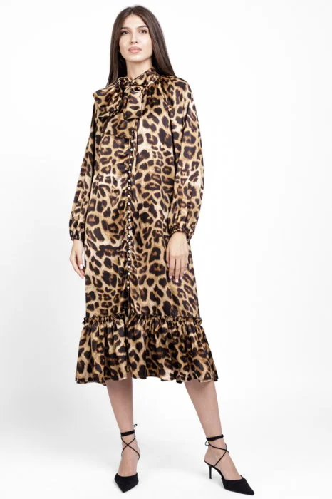 Rochie eleganta din satin, cu nasturei albi perlati si imprimeu animal print