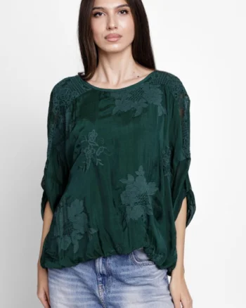 Bluza din matase si vascoza brodata, cu dantela pe spate, verde inchis