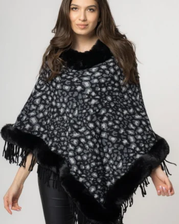 Poncho animal print negru, de oras tivit cu blana