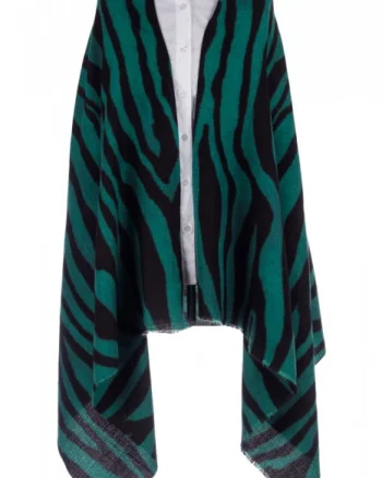 Esarfa tip sal pufos cu lana, imprimeu animal print cu negru si verde, dubla fata