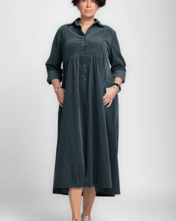 Rochie camasa gri din catifea reiata, taiata in talie