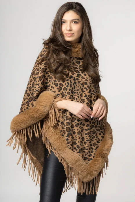 Poncho animal print camel, de oras, tivit cu blana