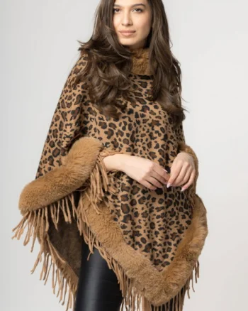 Poncho animal print camel, de oras, tivit cu blana