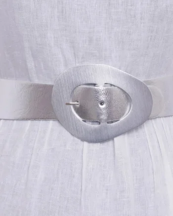 Curea din piele ecologica argintie cu catarama neregulata argintie si elastic cu lurex la spate