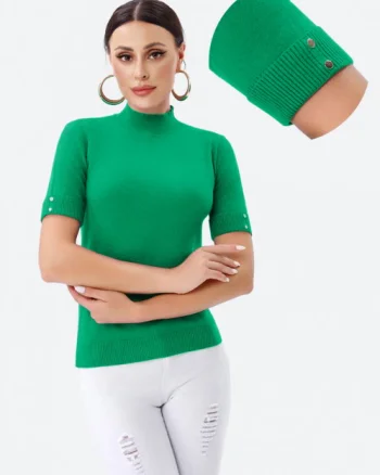 Helanca pulover cu maneca scurta, nasturei metalici si guler scurt, verde