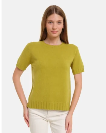 Pulover cu maneca scurta, la baza gatului, verde oliv