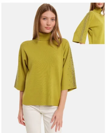 Pulover cu pietricele argintii, cu guler inalt si maneca 3 4, din tricotaj fin, verde olive