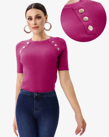 Pulover cu maneca scurta si nasturi metalici decorativi, mov zmeura