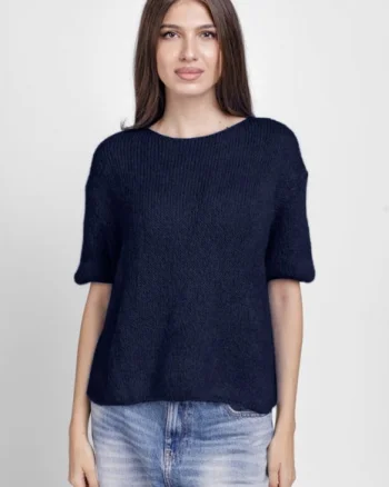 Pulover pufos cu maneca scurta, cu mohair si lana, bleumarin