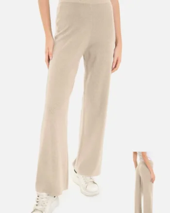 Pantaloni largi si drepti, casual, din tricotaj fin, bej