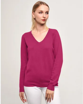 Puloveras cu decolteu in V, din tricotaj fin, fucsia