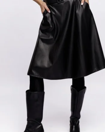 Fusta midi neagra, A-line, din piele ecologica