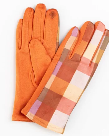 Manusi dama imprimeu patrate multicolore pe fond portocaliu, material catifelat