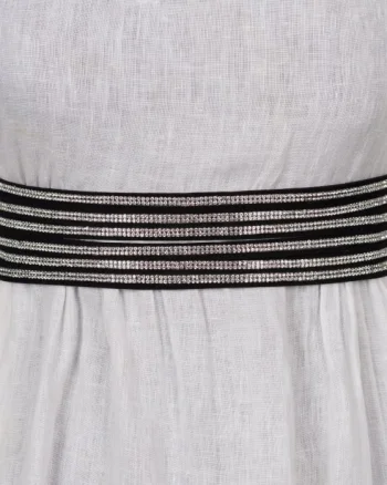 Curea flexibila 6 cm cu material elastic negru la spate si benzi de strasuri argintii pe fata