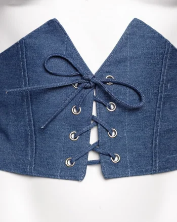 Centura corset, lata, din material jeans denim cu siret si capse mici