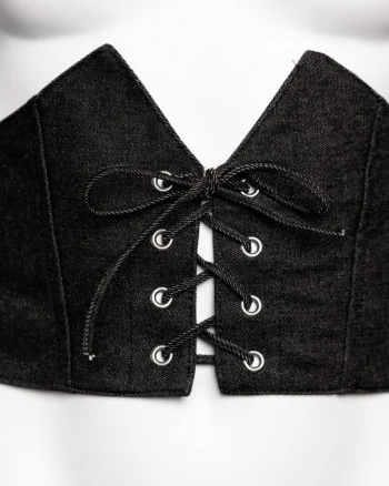 Centura corset, lata din material jeans negru cu siret si capse mici