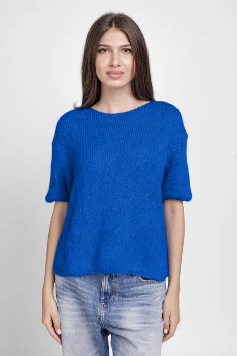 Pulover pufos cu maneca scurta, cu mohair si lana, albastru electric