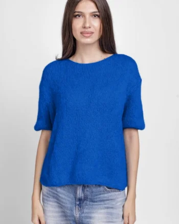 Pulover pufos cu maneca scurta, cu mohair si lana, albastru electric