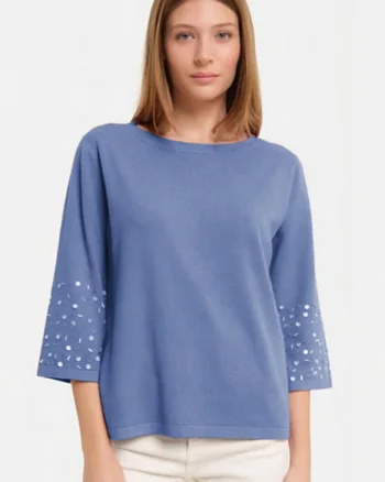 Pulover maneca 3 4 cu aplicatii manuale din paiete si margelute, din tricotaj fin, bleu