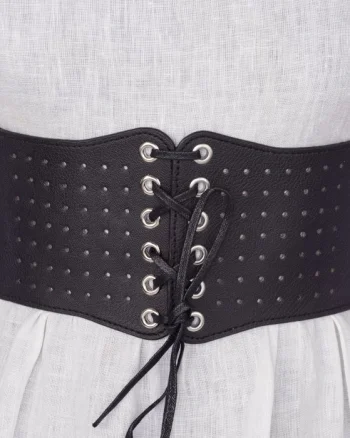 Centura corset lata din piele ecologica neagra perforata cu siret si capse mici