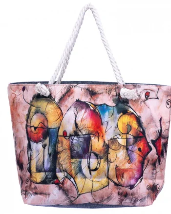 Geanta de plaja din material textil, cu imprimeu imprimeu grafic abstract pe fond roz inchis