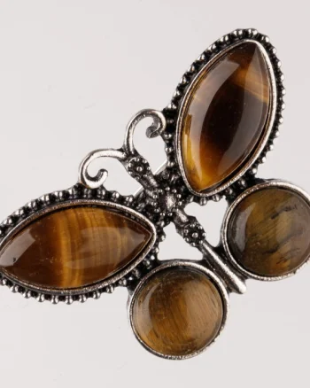 Brosa metalica argintie fluture cu pietre naturale din ochi de tigru