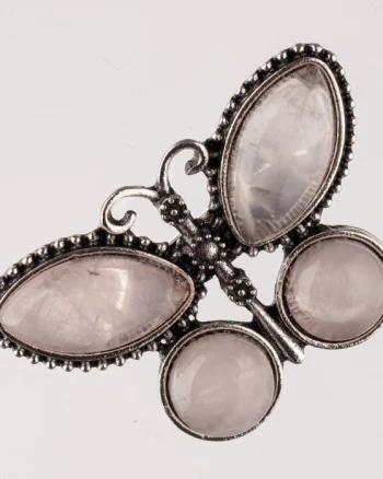 Brosa metalica argintie fluture cu pietre naturale din cuart roz