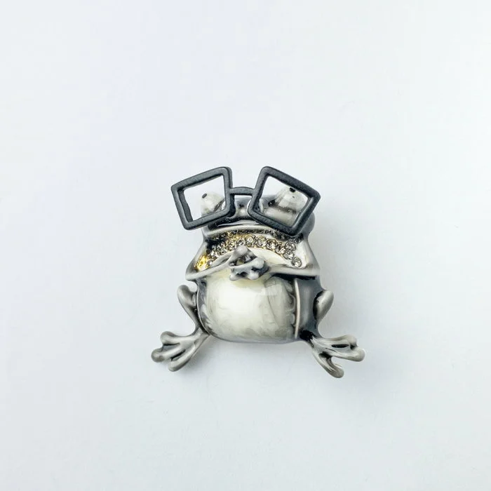 Brosa pandant metalica broscuta gri cu ochelari negri si pietricele