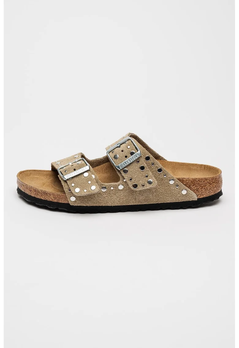 Papuci de piele intoarsa cu nituri Arizona, Maro taupe/Argintiu