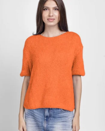 Pulover pufos cu maneca scurta, cu mohair si lana, portocaliu