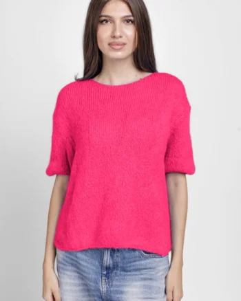 Pulover pufos cu maneca scurta, cu mohair si lana, fucsia