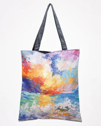 Geanta shopper din material textil, imprimata cu reproducere dupa o pictura multicolora