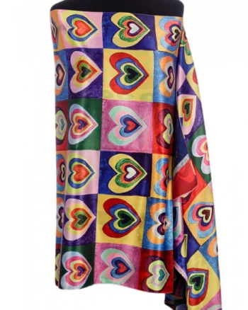 Esarfa dreptunghiulara cu doua fete, din matase, cu inimi multicolore dupa Kandinski