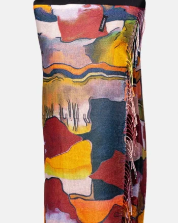 Esarfa cashmere cu fir din lurex, model abstract bordo, verde si portocaliu