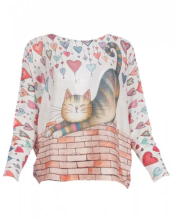 Bluza cu maneca lunga fluture si imprimeu pisica bonoma cu inimi