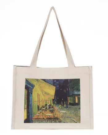 Geanta de umar din material textil cu imprimeu inspirat din pictura celebra    Cafeneaua   de Van Gogh