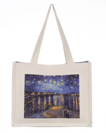 Geanta de umar din material textil cu imprimeu inspirat din pictura Noapte Instelata deasupra Rhonului a lui Van Gogh