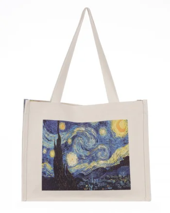 Geanta de umar din material textil cu imprimeu inspirat din pictura Noapte Instelata  a lui Van Gogh