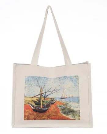 Geanta de umar din material textil cu imprimeu inspirat dintr-o pictura cu barci pe mal a lu Van Gogh