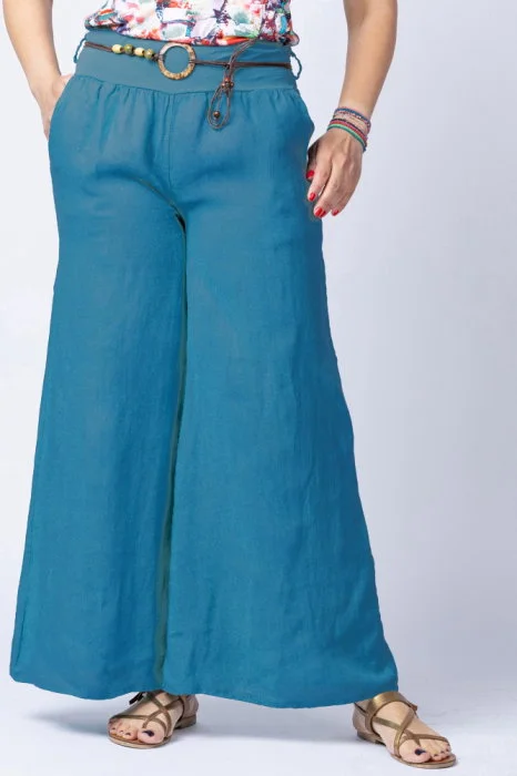 Fusta pantalon turcoaz inchis casual, din in, cu o curea fancy